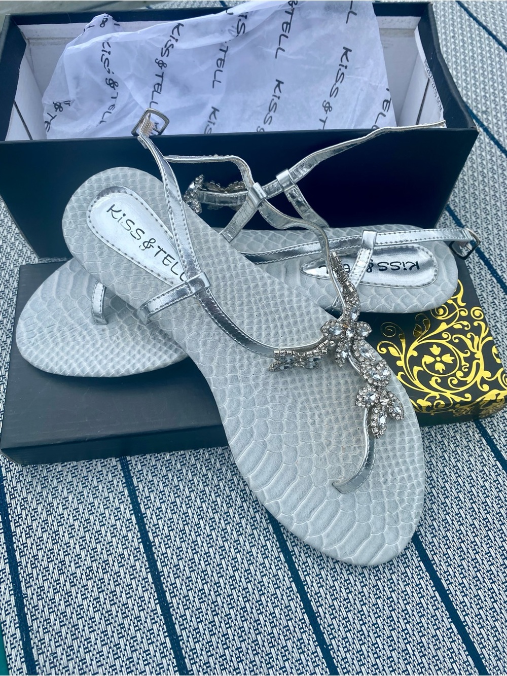Kiss & Tell Silver Jeweled T-Strap Sandals